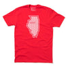 Red Love Is Love short-sleeved t-shirt featuring a white outline of the state of Illinois filled with the repeating text LOVE PEOPLE WHO DARE TO LOVE THE ONES THEY LOVE.