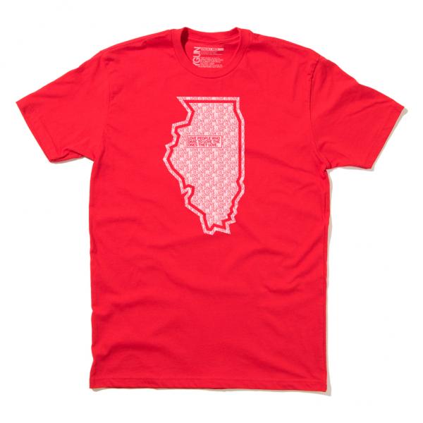 Red Love Is Love short-sleeved t-shirt featuring a white outline of the state of Illinois filled with the repeating text LOVE PEOPLE WHO DARE TO LOVE THE ONES THEY LOVE.