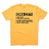 A yellow Raygun t-shirt with black text that reads: IOWA CITY: ONE PART CHICAGO SUBURB, & PART CHICAGO AREA SLEEP-AWAY CAMP FOR 18-22 YEAR OLDS.
