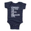 Navy blue Iowa onesie featuring a baby bodysuit printed in white with the text: IOWANS: THE FEW, THE PROUD, THE EXTREMELY CUTE.