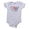 Gray union made infant bodysuit with a screen print graphic of the United States map featuring a red and white checkered heart.