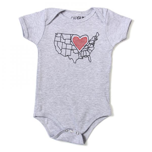 Gray union made infant bodysuit with a screen print graphic of the United States map featuring a red and white checkered heart.