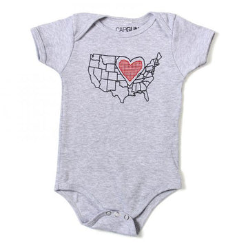 Gray union made infant bodysuit with a screen print graphic of the United States map featuring a red and white checkered heart.