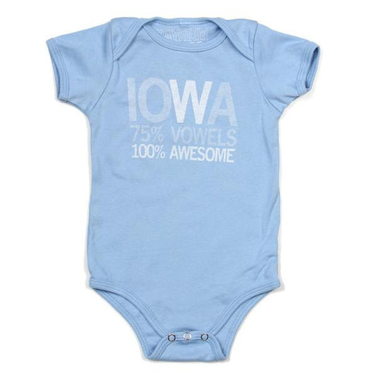 Light blue Iowa onesie made from baby rib cotton, printed with the text IOWA, 75% VOWELS, 100% AWESOME.