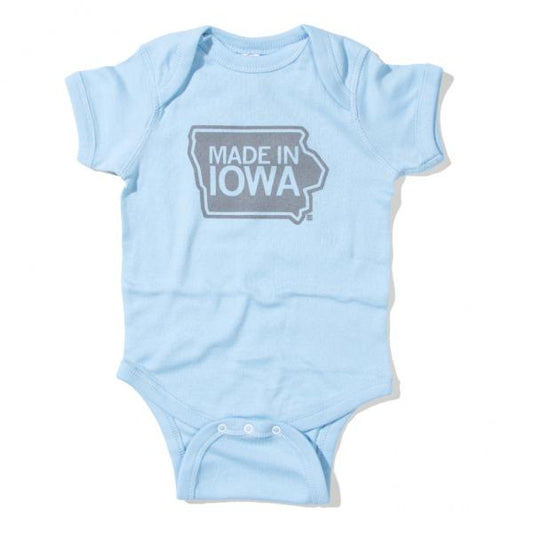 Light blue baby rib cotton onesie featuring an outline of the state of Iowa and the text MADE IN IOWA printed on the chest.