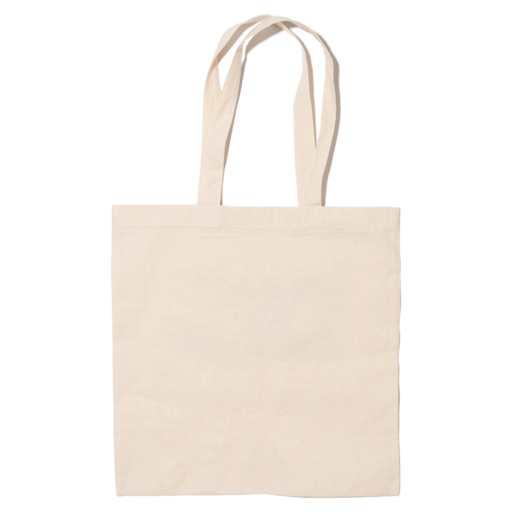 Plain cream-colored cotton canvas tote bag with two shoulder straps and a RAYGUN screenprint.