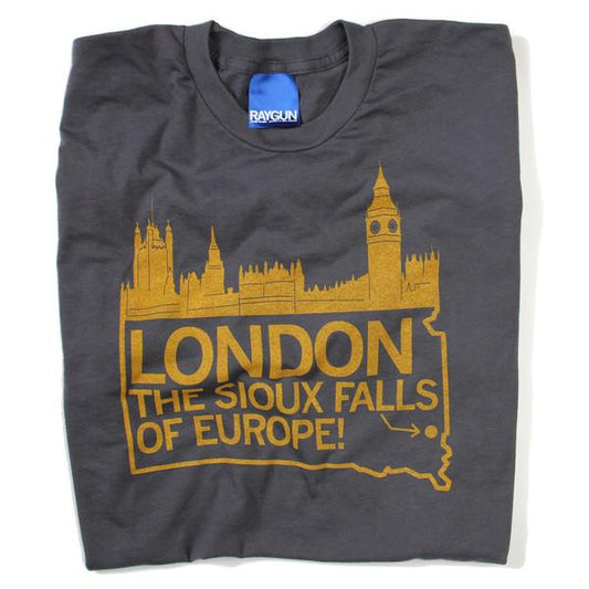 Dark gray t-shirt with a gold graphic showing the London skyline above the text LONDON THE SIOUX FALLS OF EUROPE! and an outline of South Dakota; a retired design.