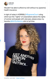 A person with curly blonde hair wears a union-made black t-shirt that says JUST ANOTHER SLUT ON BIRTH CONTROL.