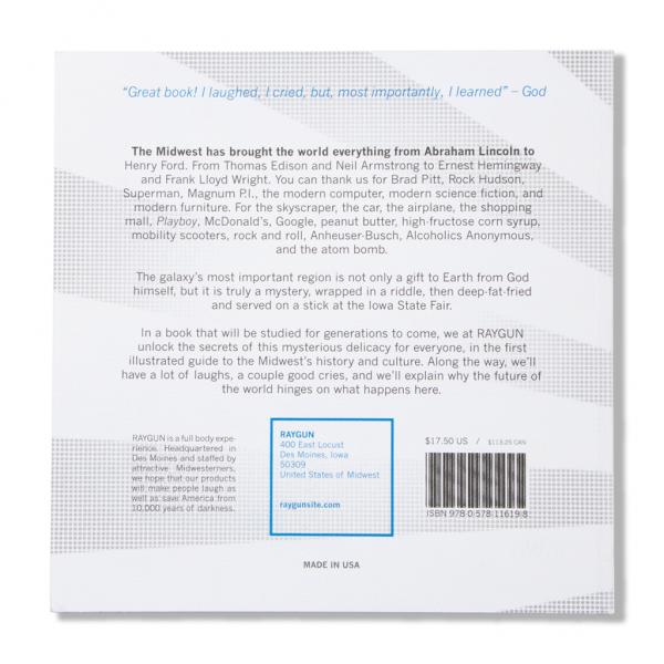 The back cover of a union-printed book titled The Midwest, featuring a descriptive blurb, the Raygun store address, a price of $17.50, and a barcode.