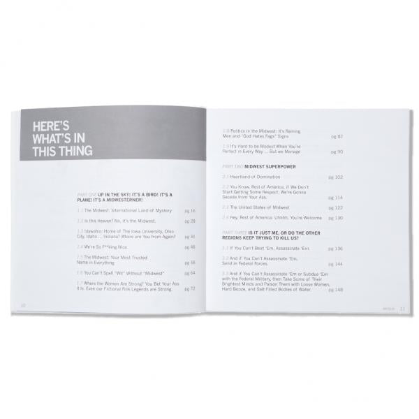 Table of contents from a union printed book titled Heres Whats in This Thing, listing chapter titles and page numbers for sections about the American Midwest.