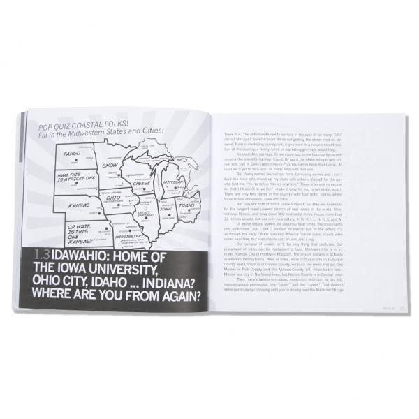 A union printed book page features a map of the Midwestern United States with incorrectly labeled states and cities, such as a misplaced Des Moines, accompanied by a humorous essay about the confusion surrounding Midwestern geography.