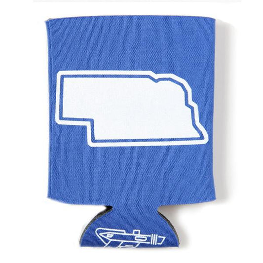 Royal blue polyester foam can cooler featuring a white outline of the state of Nebraska.