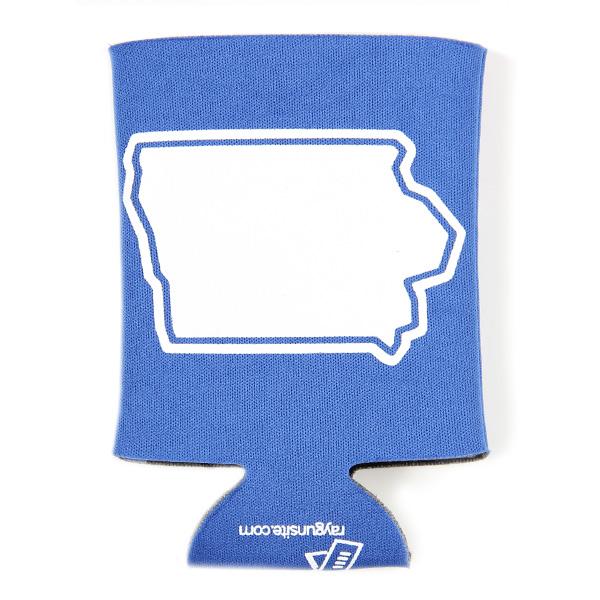 Royal blue polyester beverage sleeve featuring a white outline of the state of Iowa and the RAYGUN website address at the bottom.