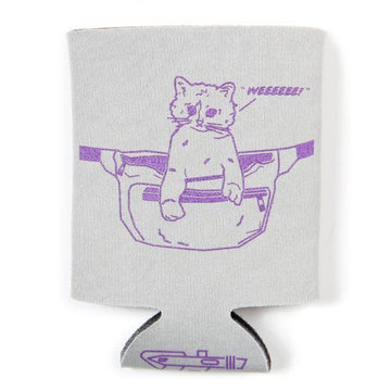 Light gray fade-resistant polyester can cooler featuring a purple plastisol ink line drawing of a cat inside a fanny pack with the text WEEEEE! in a speech bubble.