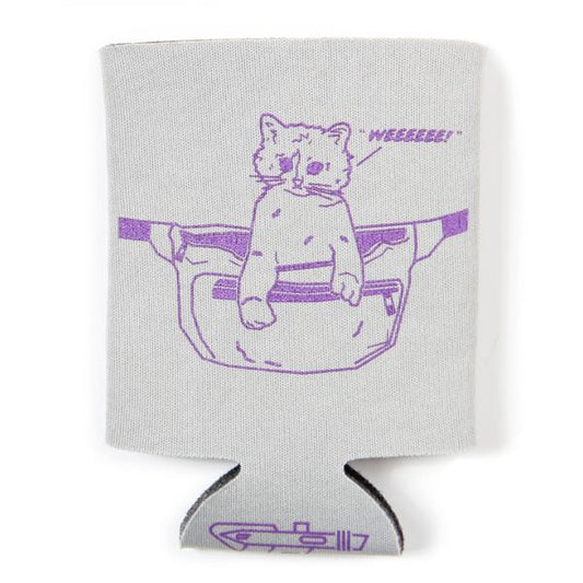 Light gray fade-resistant polyester can cooler featuring a purple plastisol ink line drawing of a cat inside a fanny pack with the text WEEEEE! in a speech bubble.