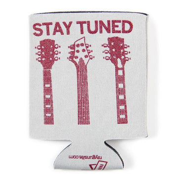 White scuba foam cooler printed with the words STAY TUNED above three guitar headstocks in maroon plastisol ink.