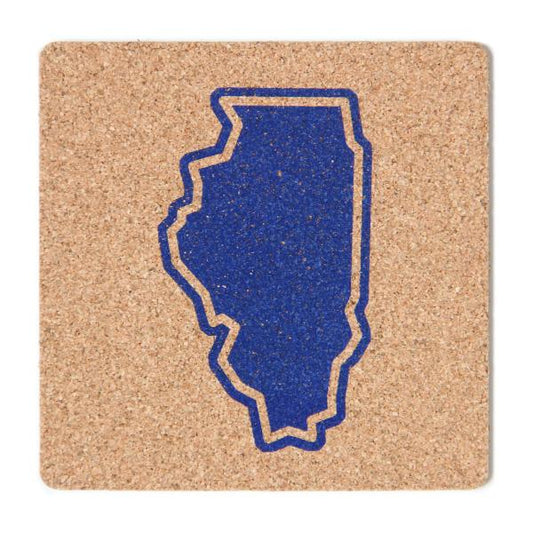 Square high density cork coaster featuring a blue outline of the state of Illinois.