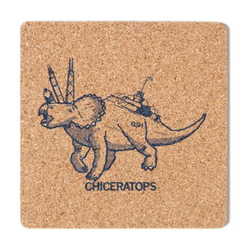 Square cork coaster featuring an illustration of a triceratops with Chicago-style skyscrapers and a building on its back, labeled CHICERATOPS.