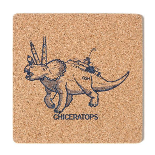Square cork coaster featuring an illustration of a triceratops with Chicago-style skyscrapers and a building on its back, labeled CHICERATOPS.