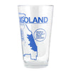 Clear pint glass with a map graphic and blue text that reads CHICAGOLAND and PEOPLE ACTUALLY FROM CHICAGO.