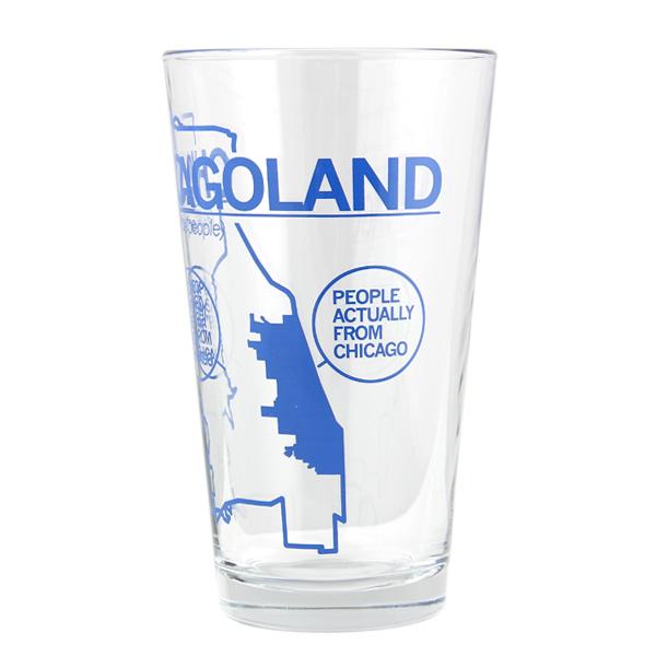 Clear pint glass with a map graphic and blue text that reads CHICAGOLAND and PEOPLE ACTUALLY FROM CHICAGO.