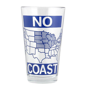 A dishwasher-safe pint glass featuring a blue map of the United States with the Midwest region shaded in dots, labeled with the words NO above the map and COAST below.