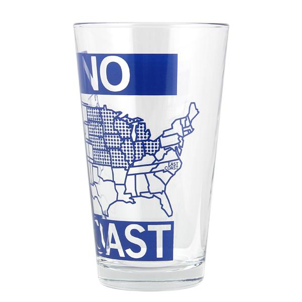 Clear, dishwasher-safe pint glass featuring a map of the United States with NO and AST in large blue letters, highlighting the interior states and labeling the East Coast.