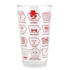 A dishwasher-safe pint glass featuring a grid of red icons shaped like the state of Iowa, each labeled with a pun such as Spyowa, Wi-fiowa, and Cryowa.