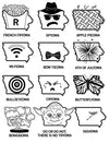 Twelve illustrations of the state of Iowa creatively modified as puns, including French Fryowa and Spyowa, printed on a dishwasher-safe pint glass using soy-based ink.