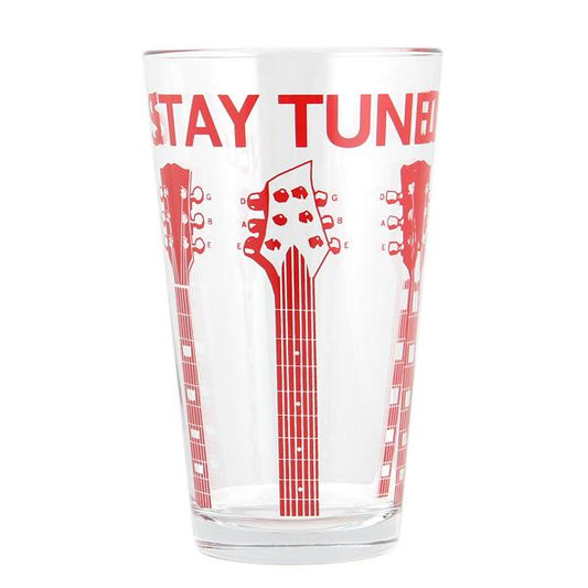 Dishwasher-safe pint glass decorated with red guitar headstocks and the text STAY TUNED.
