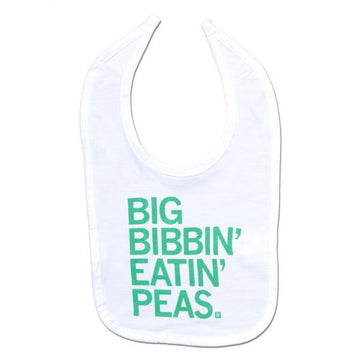 White 100% cotton baby bib with the green screen print text BIG BIBBIN EATIN PEAS.