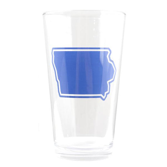 Clear pint glass printed with a blue outline and fill of the state of Iowa using soy-based ink.