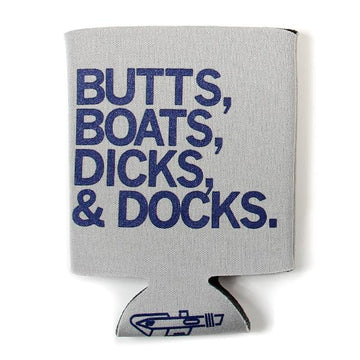 Light gray scuba foam beverage sleeve featuring the blue text BUTTS, BOATS, DICKS, & DOCKS printed in navy plastisol ink on the front.