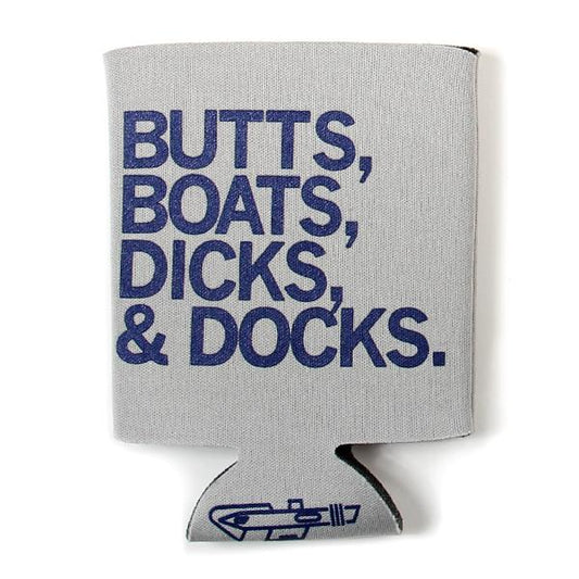 Light gray scuba foam beverage sleeve featuring the blue text BUTTS, BOATS, DICKS, & DOCKS printed in navy plastisol ink on the front.