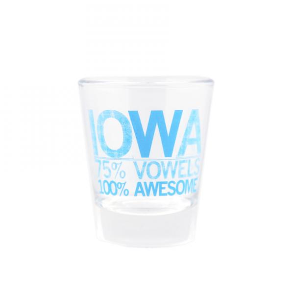 Clear dishwasher-safe shot glass with blue text that reads IOWA, 75% VOWELS, 100% AWESOME.