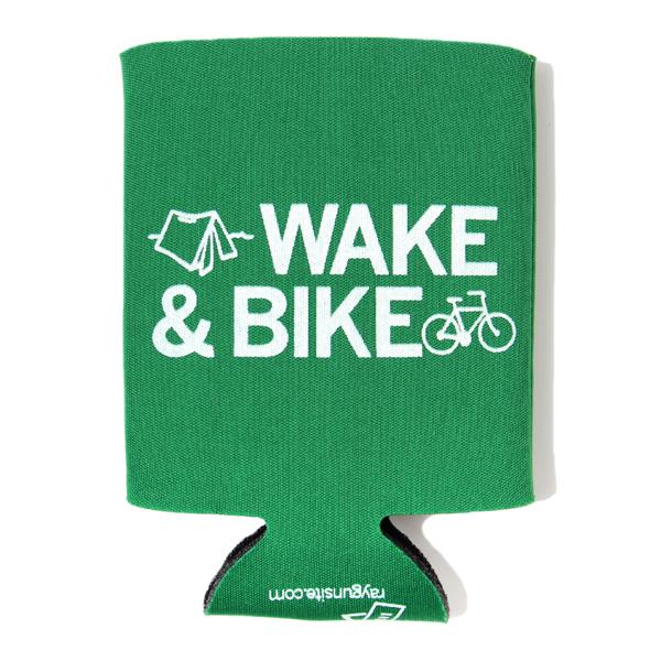 Green foam RAYGUN drink cooler with white text that reads WAKE & BIKE, accompanied by icons of a tent and a bicycle.
