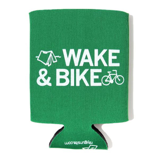 Green foam RAYGUN drink cooler with white text that reads WAKE & BIKE, accompanied by icons of a tent and a bicycle.