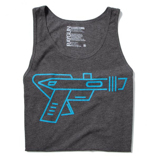 Charcoal gray tank top with a light blue screen print of a retro ray gun on the front.