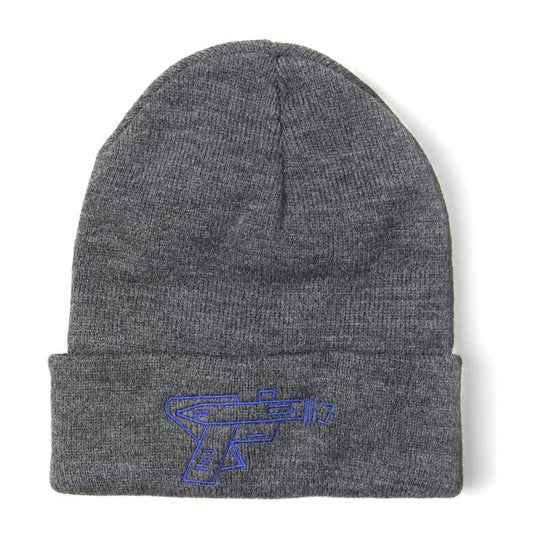 Dark gray knit beanie featuring a royal blue embroidered ray gun on the cuff.