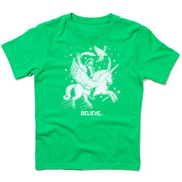 Kelly green combed ringspun cotton t-shirt with a white graphic of a pirate riding a winged unicorn with a bird above, and the word BELIEVE. below.