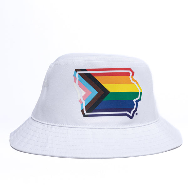 Iowa Outline Progress Pride Flag Bucket Hat
