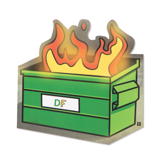 A green dumpster fire sticker with the letters DF printed on the side.