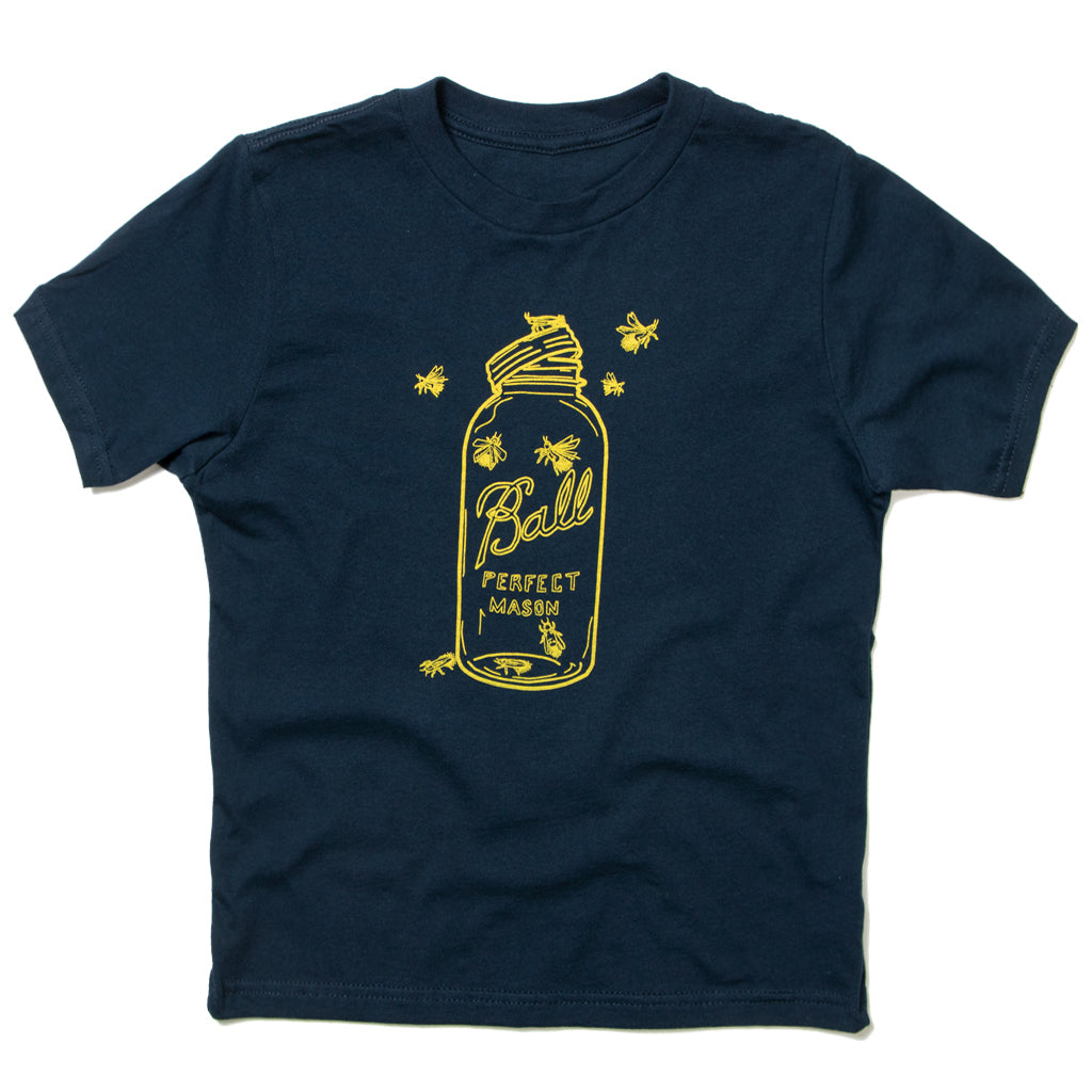 Heather navy t-shirt with a yellow graphic of a Ball mason jar surrounded by bees.