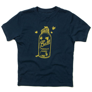 Heather navy t-shirt with a yellow graphic of a Ball mason jar surrounded by bees.