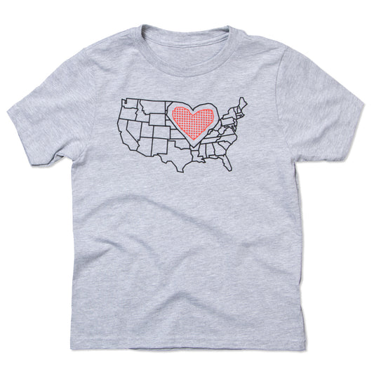 Heather grey t-shirt featuring an outline of the United States with a red, dotted-pattern heart shape covering the Midwest.