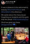 A tweet from Becky Pringle about her visit to Iowa, featuring photos of her receiving a union made t-shirt that says America Needs Teachers and a group meeting around a conference table to discuss public education.