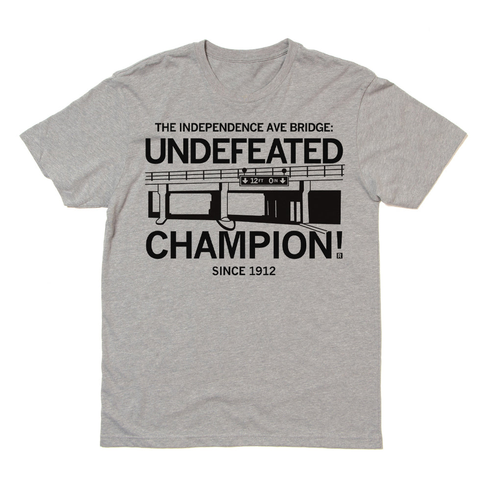 The Independence Ave Bridge: Undefeated Champion Since 1912 Kansas City Midwest Black Dark Heather Grey Traffic Cars Raygun T-Shirt Standard Unisex Snug