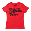 Red RAYGUN crew neck t-shirt with the text INDIANA: CHICAGOS NEW JERSEY printed in black on the chest, a retired design.