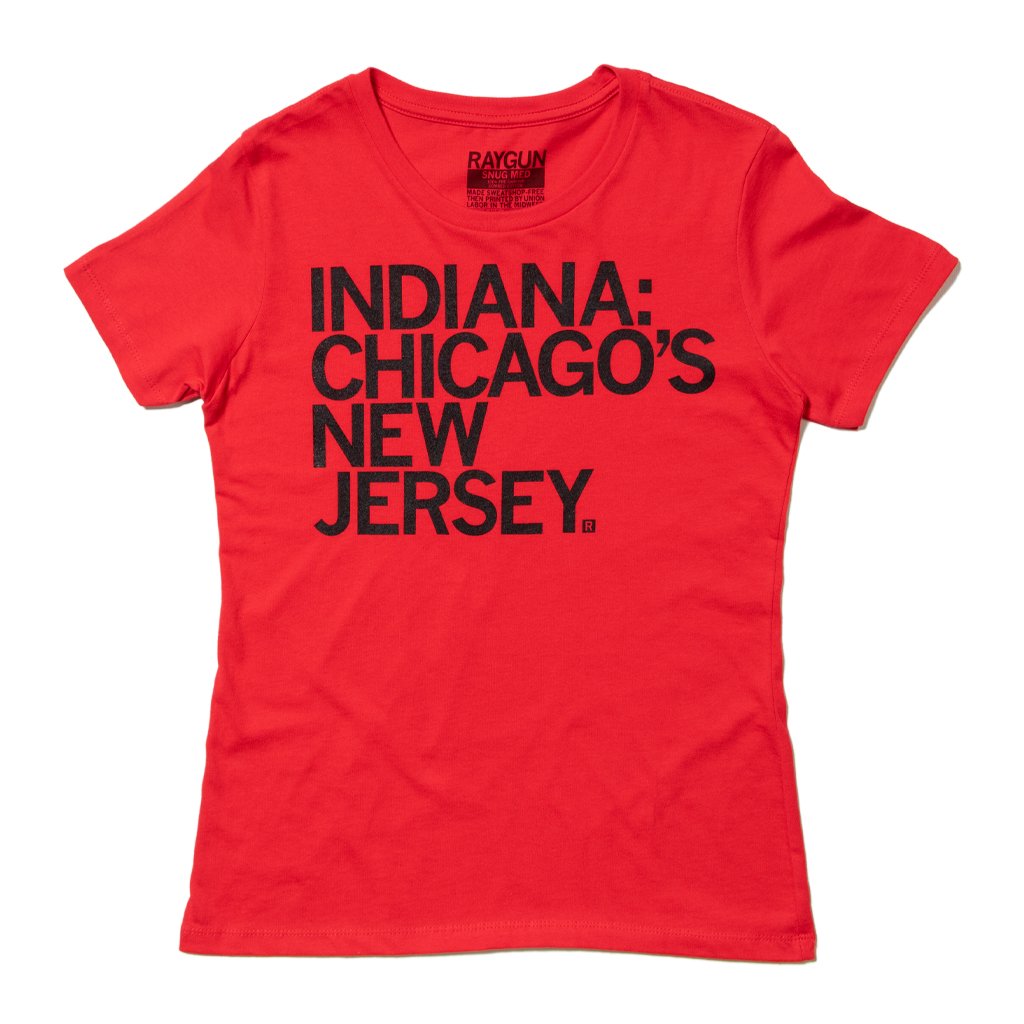 Red RAYGUN crew neck t-shirt with the text INDIANA: CHICAGOS NEW JERSEY printed in black on the chest, a retired design.