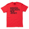 Red RAYGUN crew neck t-shirt with black text that reads, INDIANA: CHICAGOS NEW JERSEY.
